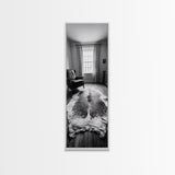 Leather Chair, Cozy Window, Cowhide Rug, Framed Canvas Print, Farmhouse Living Room Decor, Rustic Minimalist Art, Monochrome Interior
