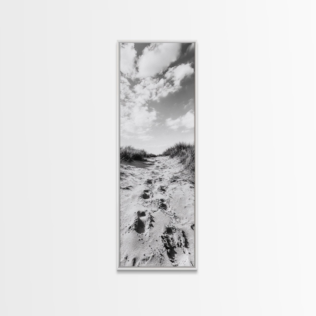 Sandy Trail, Dune Path, Footprints Grass, Canvas Print, Fall Coastal Decor, Boho Entryway Art, Black and White Beach Landscape