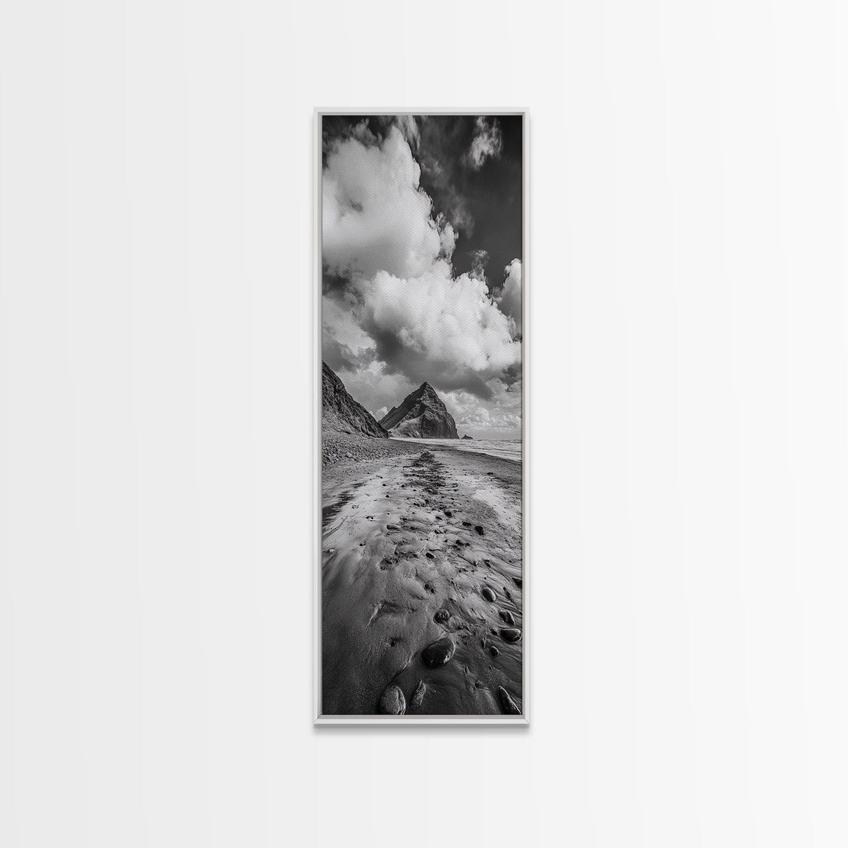 Mountain Beach Path, Cloudy Sky Landscape, Black and White Nature Scene, Framed Canvas Print, Entryway Fall Coastal Wall Decor