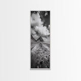 Mountain Beach Path, Cloudy Sky Landscape, Black and White Nature Scene, Framed Canvas Print, Entryway Fall Coastal Wall Decor