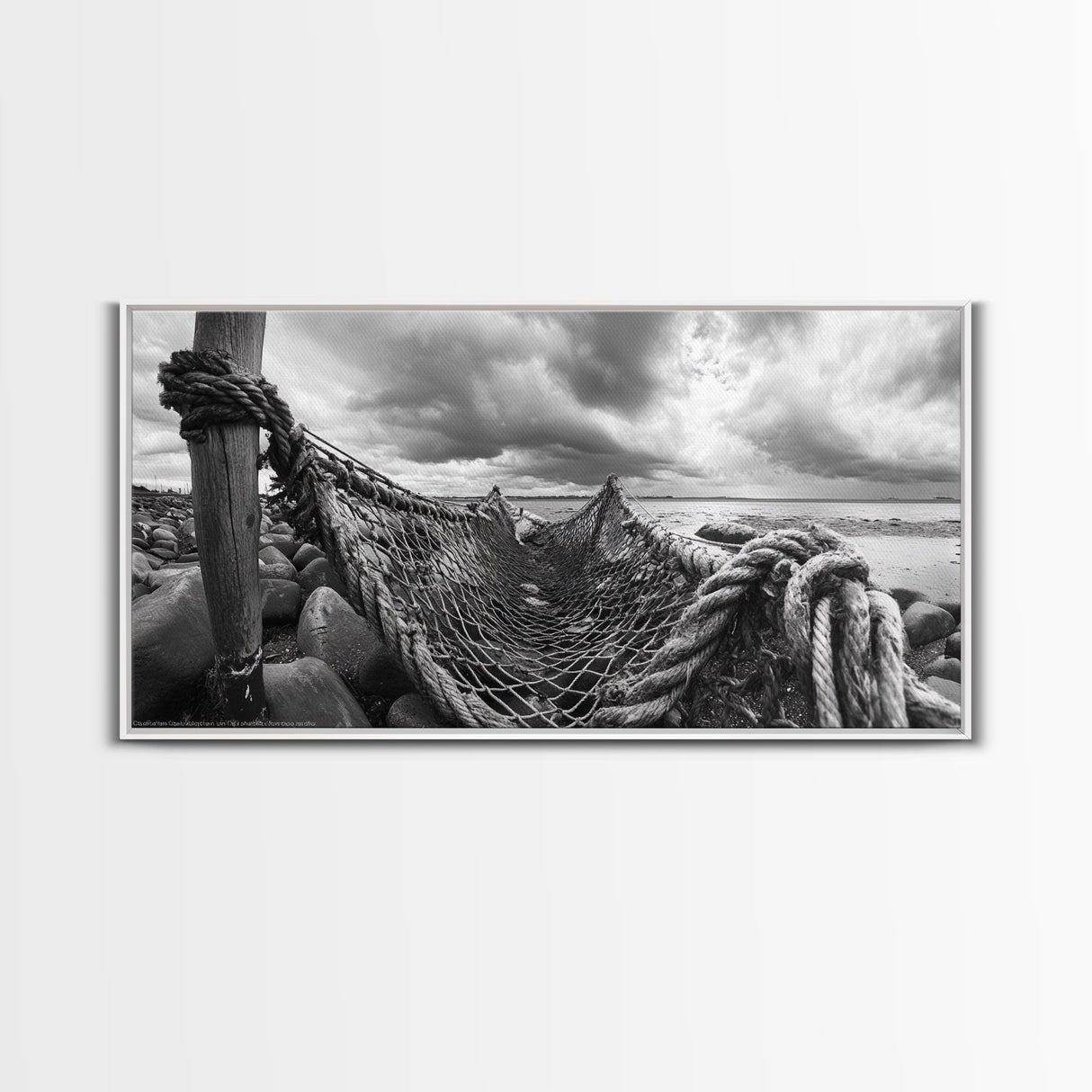 Fishing Net, Stormy Shore, Maritime Nostalgia, Rugged Rope Art, Framed Canvas Print, Nautical Living Room Wall Decor