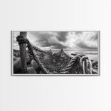 Fishing Net, Stormy Shore, Maritime Nostalgia, Rugged Rope Art, Framed Canvas Print, Nautical Living Room Wall Decor