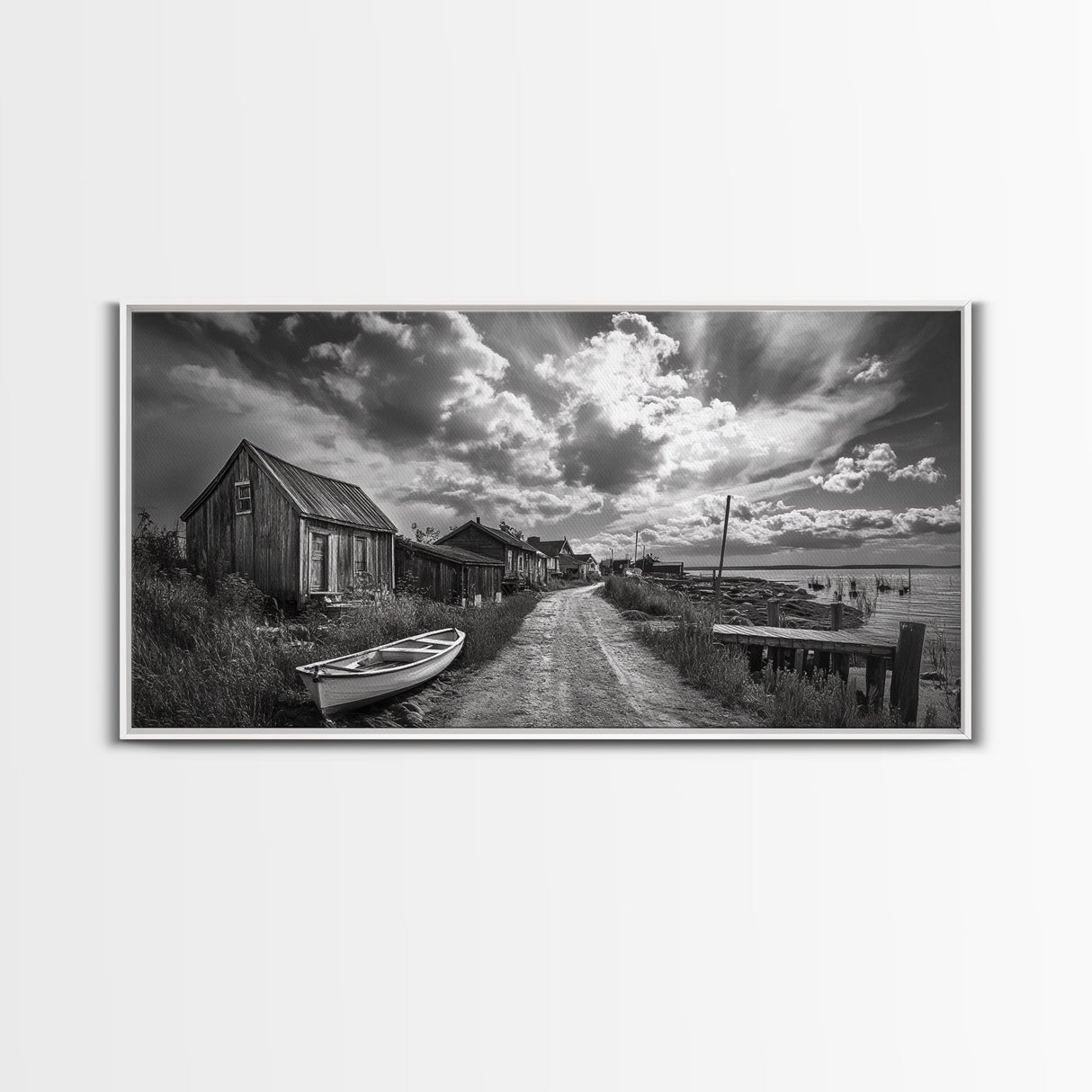 Seaside Village, Driftwood Cabins, Coastal Road, Vintage Fishing Town, Framed Canvas Print, Rustic Kitchen Wall Art, Moody Monochrome