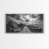 Seaside Village, Driftwood Cabins, Coastal Road, Vintage Fishing Town, Framed Canvas Print, Rustic Kitchen Wall Art, Moody Monochrome