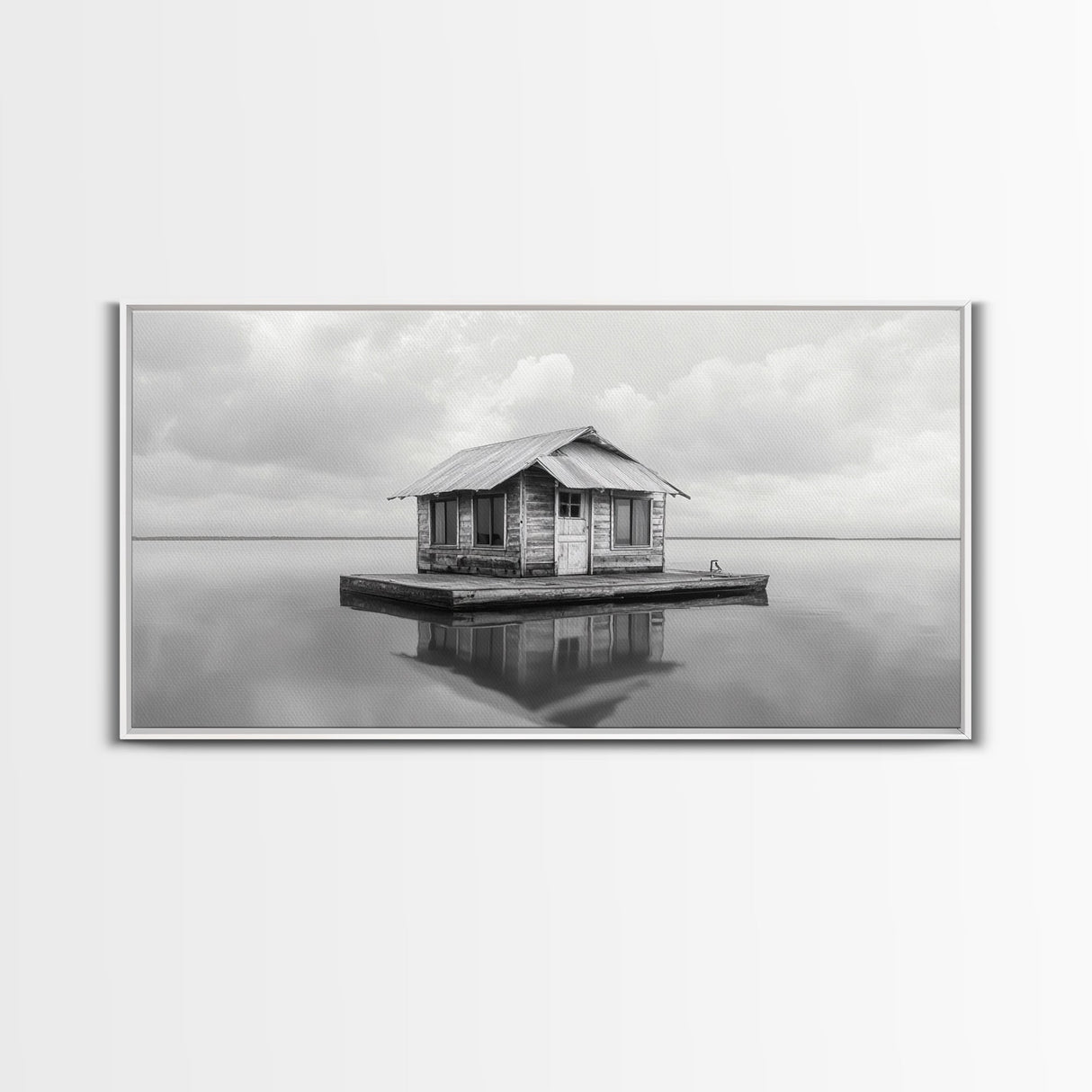 Floating Cabin, Lake House, Calm Waters, Dreamy Isolation Art, Canvas Print, Minimalist Living Room Wall Art, Coastal Style