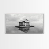 Floating Cabin, Lake House, Calm Waters, Dreamy Isolation Art, Canvas Print, Minimalist Living Room Wall Art, Coastal Style