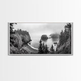 Misty Coastal Cliffs, Ocean Horizon, Monochrome Art, Nature Landscape, Canvas Print, Rustic Living Room Decor, Moody Wall Art, Black and White
