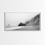 Foggy Beach Boulders, Minimalist Shoreline, Moody Monochrome, Canvas Print, Neutral Bathroom Art, Zen Wall Decor, Calm Coastal Scene