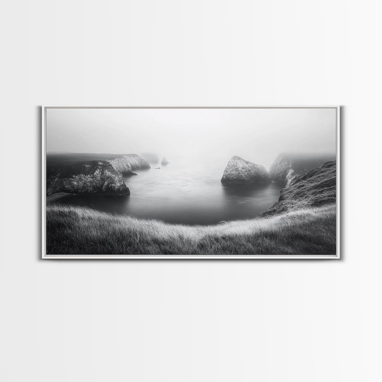 Serene Fog Cliffs, Dreamy Coastline, Soft Light Seascape, Canvas Print, Tranquil Bedroom Wall Art, Minimal Nature Photography