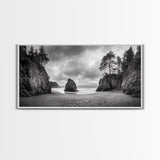 Hidden Coastal Cove, Dramatic Ocean Scene, Natural Seascape, Canvas Print, Rustic Cabin Wall Art, Black and White Beach Photography