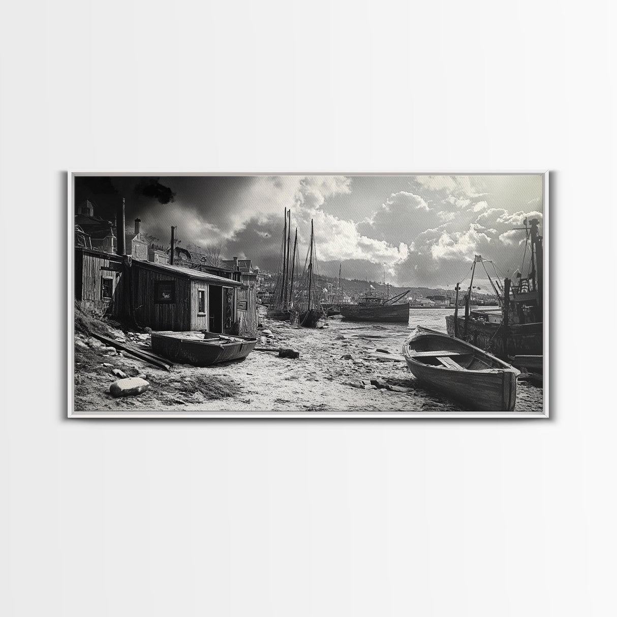 Old Fishing Harbor, Weathered Boats, Coastal Village Scene, Canvas Print, Nautical Kitchen Wall Art, Maritime Black and White Decor
