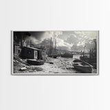 Old Fishing Harbor, Weathered Boats, Coastal Village Scene, Canvas Print, Nautical Kitchen Wall Art, Maritime Black and White Decor