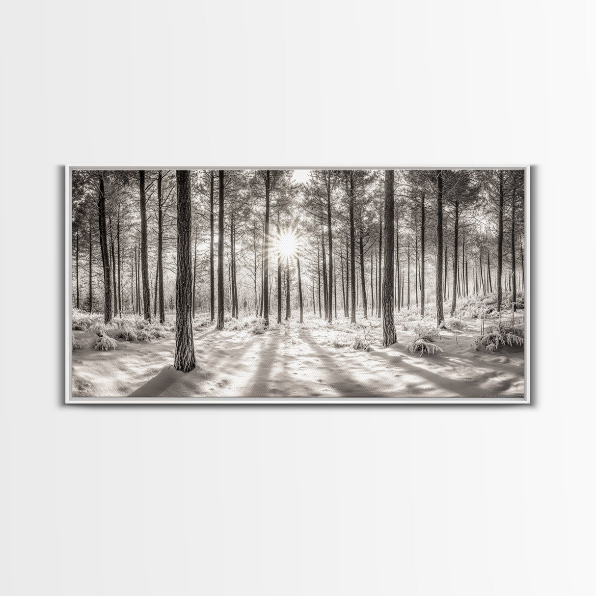 Winter Pine Forest, Sunlight Snow Trees, Nature Landscape Photography, Framed Canvas Print, Cabin Decor, Minimalist Wall Art