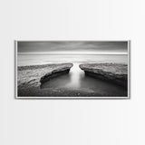 Ocean Rock Split, Calm Seascape Horizon, Monochrome Photography, Canvas Print, Bathroom Wall Art, Zen Coastal Aesthetic, Office Wall Art