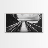 Rainy Dock View, Ocean Storm Mood, Moody Coastal Photo, Canvas Print, Living Room Wall Art, Black and White Nautical Decor, Rustic Coastal