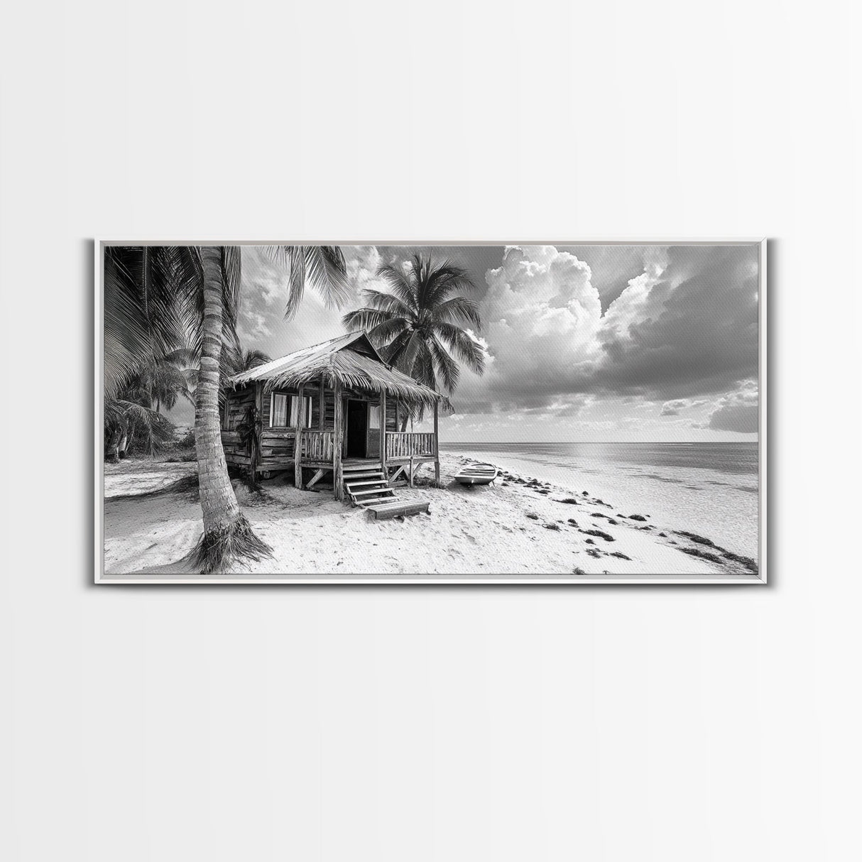 Tropical Hut, Palm Tree Scene, Island Escape Photo, Framed Canvas Print, Beach House Wall Art, Rustic Boho Coastal Decor, Nature Scene