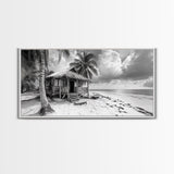 Tropical Hut, Palm Tree Scene, Island Escape Photo, Framed Canvas Print, Beach House Wall Art, Rustic Boho Coastal Decor, Nature Scene