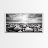 Pebble Beach Sunrise, Serene Rock Shore, Ocean Horizon Light, Framed Canvas Print, Bathroom Wall Art, Minimalist Coastal Decor