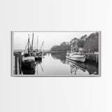 Fishing Boats Docked, Quiet Harbor Scene, Nautical River View, Framed Canvas Print, Kitchen Wall Art, Rustic Coastal Decor, Lodge Wall Art