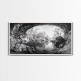 Cave Entrance Lake, Hidden Forest View, Rock Reflection Water, Canvas Print, Hallway Wall Art, Adventure Wilderness Decor, Minimalist Style