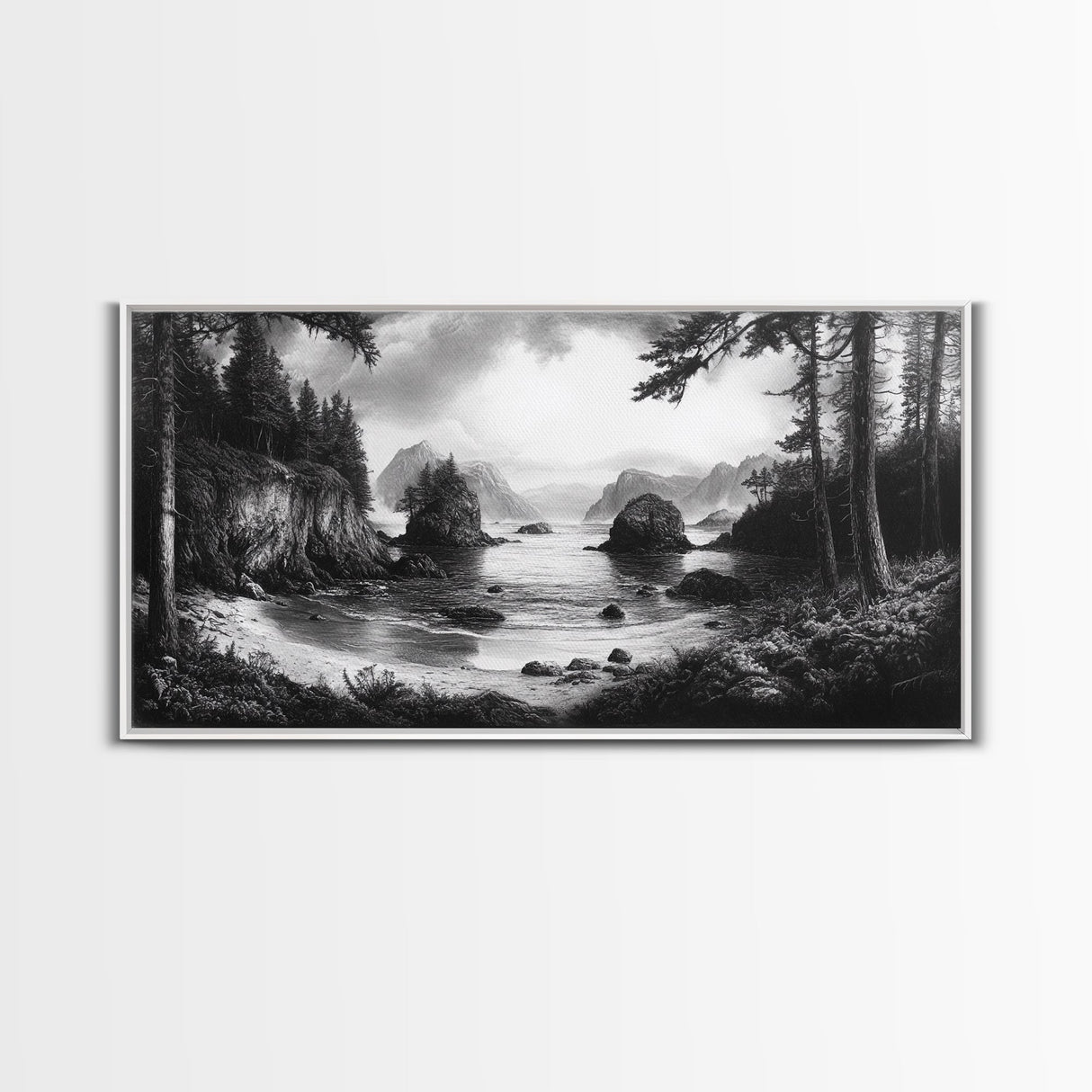 Coastal Forest View, Mountain Sea Horizon, Romantic Nature Scene, Framed Canvas Print, Living Room Wall Art, Vintage Landscape