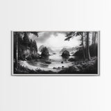 Coastal Forest View, Mountain Sea Horizon, Romantic Nature Scene, Framed Canvas Print, Living Room Wall Art, Vintage Landscape