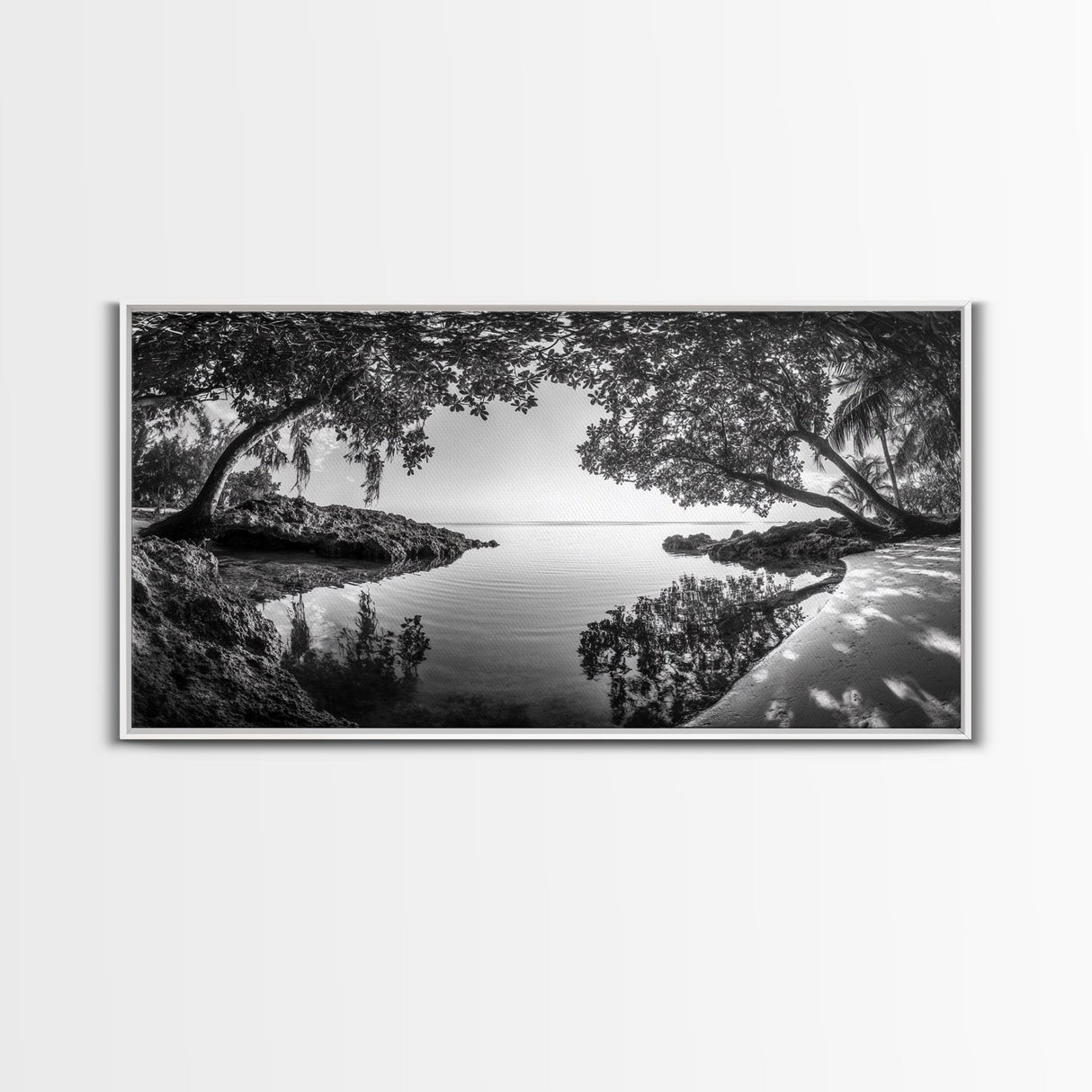 Tropical Shore Trees, Ocean Lagoon Stillness, Peaceful Island Cove, Canvas Print, Bathroom Wall Art, Minimalist Coastal Vibe, Cabin Decor