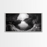 Ocean Cave Sunset, Seascape Art, Black and White Photography, Coastal Decor, Minimalist Style, Canvas Print, Bathroom Wall Art