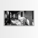 Porch Shadows Light, Rustic Patio, Black and White Decor, Farmhouse Entryway, Framed Canvas Print, Country Kitchen Wall Art, Bedroom Wall Art