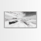Snowy Coastal Boat, Rustic Winter Landscape, Farmhouse Wall Art, Neutral Tones, Canvas Print, Entryway or Fall Seasonal Decor