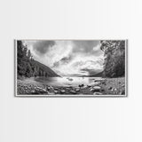 Forest Lake Serenity, Monochrome Nature, Tranquil Landscape, Canvas Print, Lodge Wall Art, Minimalist Cabin Decor, Black White