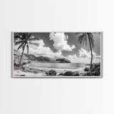 Tropical Beach View, Palm Tree Paradise, Black and White Island, Coastal Wall Decor, Canvas Print, Boho Living Room Art, Office Wall Art