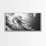 Jellyfish In Light, Ocean Life Art, Monochrome Sea Creature, Canvas Print, Coastal Bathroom Wall Art, Marine Modern Decor, Office Wall Art
