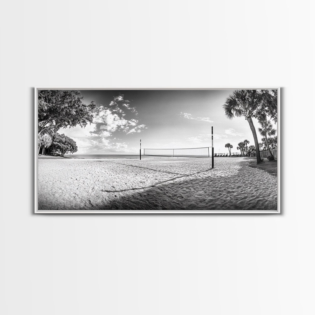 Volleyball Net, Coastal Leisure Scene, Bright Beach Vibe, Framed Canvas Print, Game Room Wall Art, Sporty Summer Beach Style