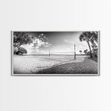 Volleyball Net, Coastal Leisure Scene, Bright Beach Vibe, Framed Canvas Print, Game Room Wall Art, Sporty Summer Beach Style