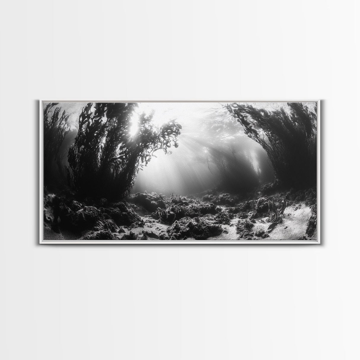 Kelp Forest Rays, Underwater Light, Black and White Ocean Scene, Framed Canvas Print, Nature Wall Art, Coastal Bathroom Decor