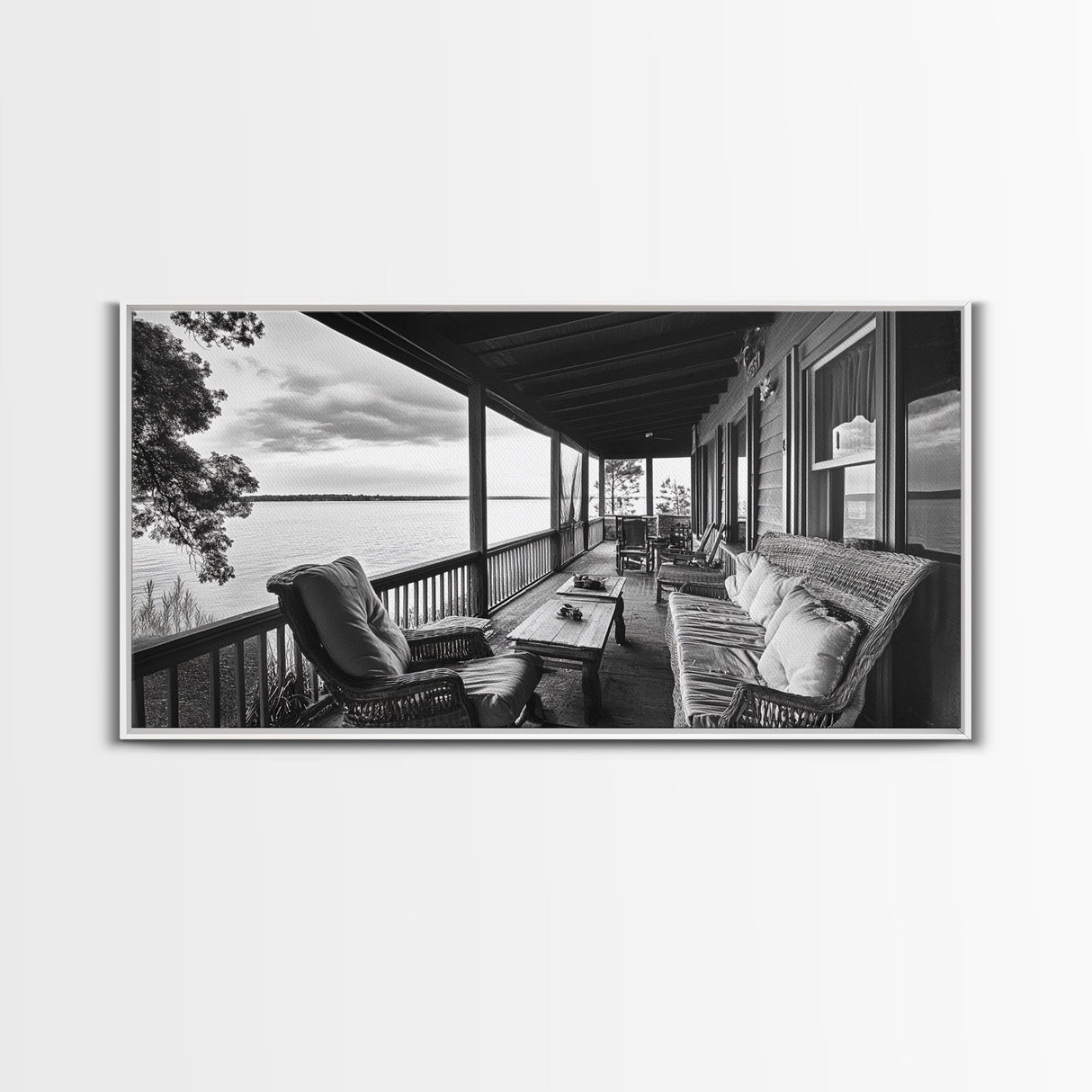 Porch Lake View, Rustic Escape, Cabin Life, Vintage Charm, Framed Canvas Print, Entryway Wall Art, Country Home Aesthetic, Cozy Style
