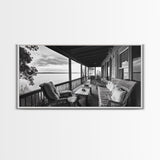 Porch Lake View, Rustic Escape, Cabin Life, Vintage Charm, Framed Canvas Print, Entryway Wall Art, Country Home Aesthetic, Cozy Style