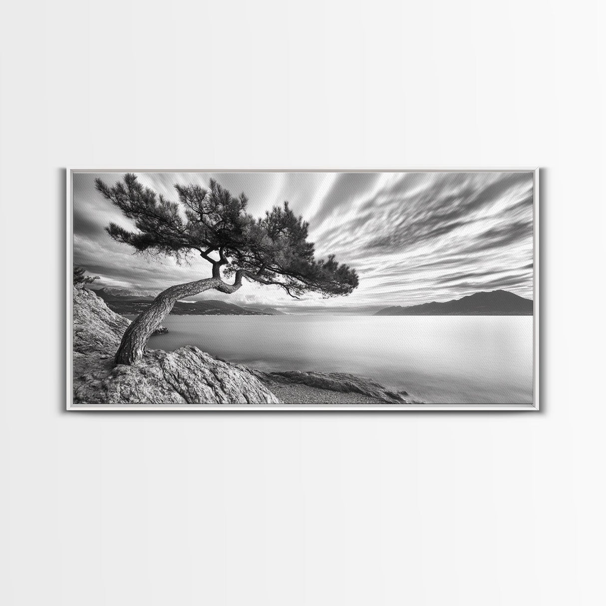 Tree Horizon, Curved Pine, Coastal Calm, Zen Scene, Canvas Print, Living Room Wall Art, Wabi Sabi Decor, Natural Minimal Aesthetic