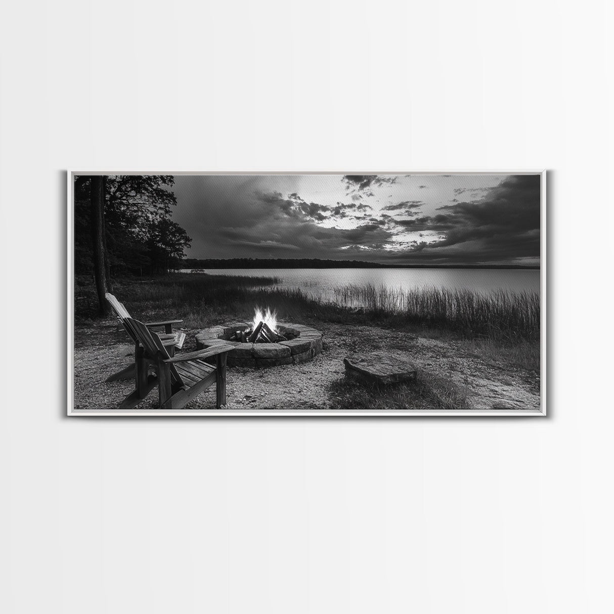 Fire Pit, Lake Sunset, Rustic Outdoors, Autumn Glow, Canvas Print, Cabin Wall Art, Fall Decor, Cozy Fireside Vibe, Nature Escape