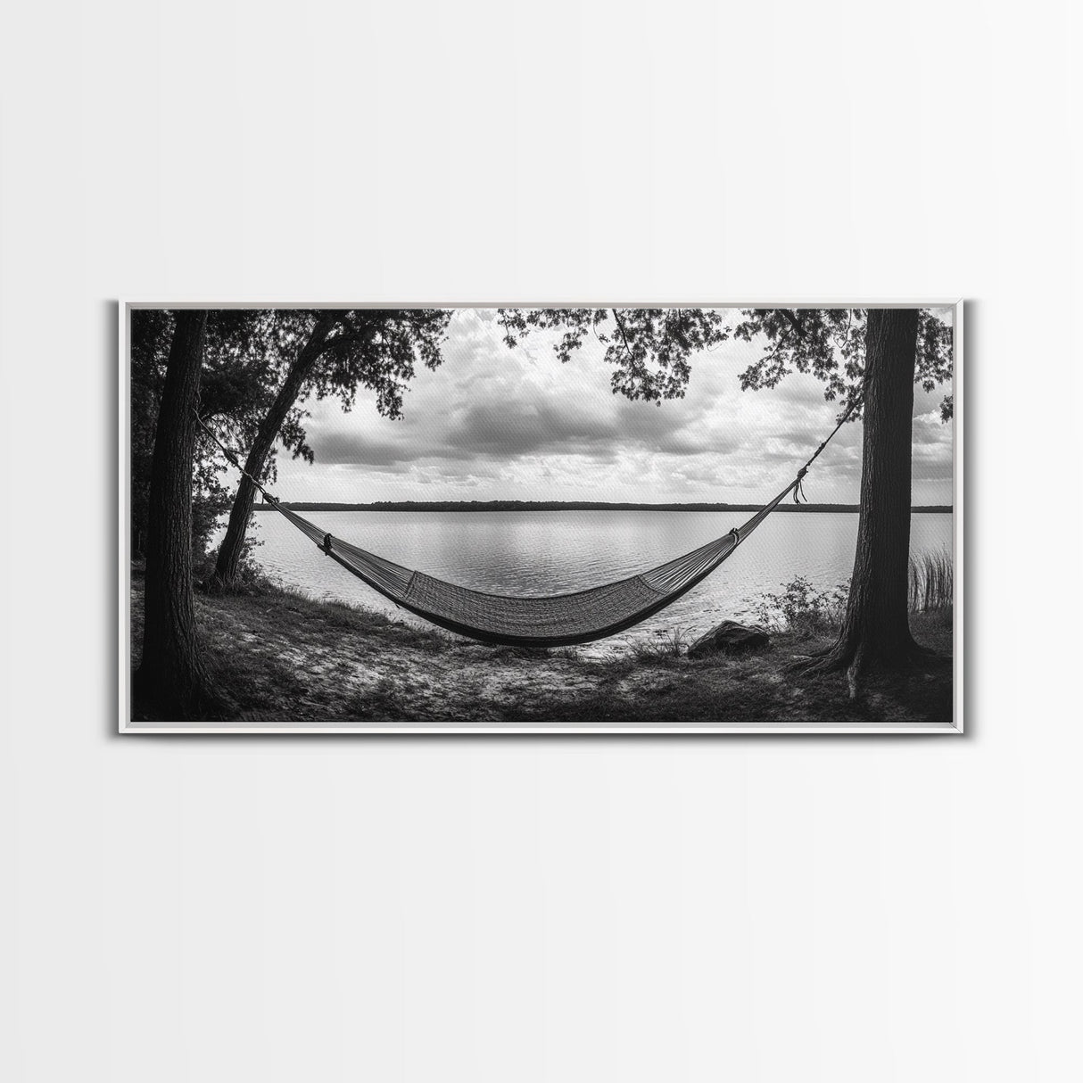 Hammock Lake, Restful Retreat, Trees Framing, Relax Mood, Framed Canvas Print, Bedroom Wall Art, Slow Living Style, Boho Natural Art