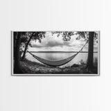 Hammock Lake, Restful Retreat, Trees Framing, Relax Mood, Framed Canvas Print, Bedroom Wall Art, Slow Living Style, Boho Natural Art