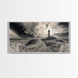 Lighthouse Path, Stormy Beach, Moody Coastline, Wall Decor, Framed Canvas Print, Coastal Wall Art, Rustic Bathroom, Nautical Style Print