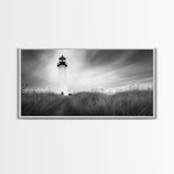 Lighthouse Grass, Seaside Tower, Stormy Sky, Black White, Framed Canvas Print, Beach Bathroom Art, Minimalist Decor, Nautical Print