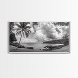 Tropical Coast, Palm Beach, Island View, Cloudy Sky, Framed Canvas Print, Coastal Living Room Art, Beach Wall Decor, Summer Style