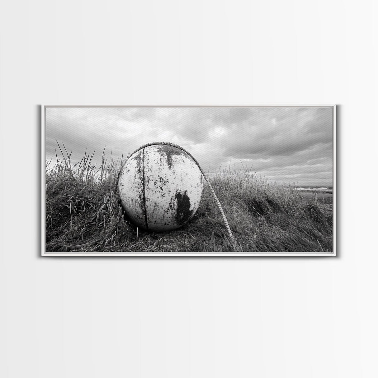 Coastal Buoy, Nautical Sphere, Fishing Rope, Beach Grass, Framed Canvas Print, Coastal Bathroom Art, Seaside Wall Decor, Rustic Style