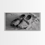 Moccasins in Sand, Rustic Footwear Art, Cultural Detail Photo, Framed Canvas Print, Boho Entryway Wall Decor, Western Minimalist