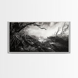 Stormy Shore, Erosion Roots, Driftwood Beach, Nature Drama, Framed Canvas Print, Moody Wall Art, Fall Living Room Decor, Dark Rustic Style