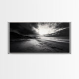 Stormy Coast, Dramatic Sky, Ocean Dusk, Monochrome Landscape, Framed Canvas Print, Bedroom Wall Art, Minimalist Coastal Decor