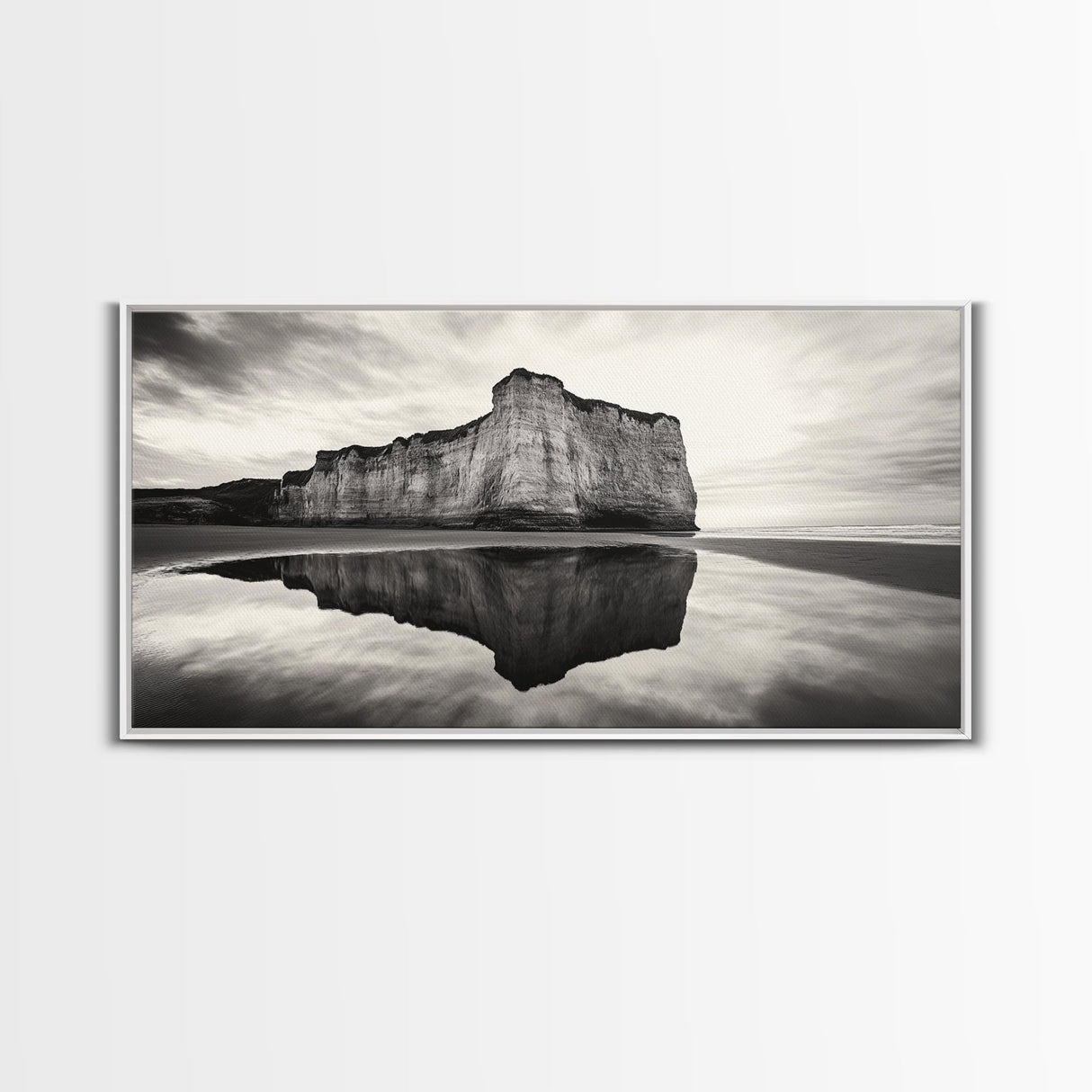 Cliff Reflection, Coastal Monolith, Seashore Beauty, Sunset Vibes, Framed Canvas Print, Living Room Art, Minimalist Beach Scene